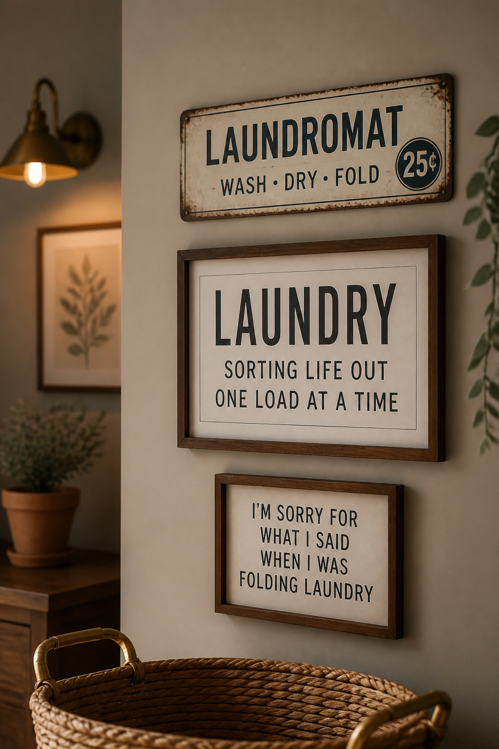 Three framed laundry room signs mixing vintage laundromat, typographic, and cheeky print styles on a warm greige wall