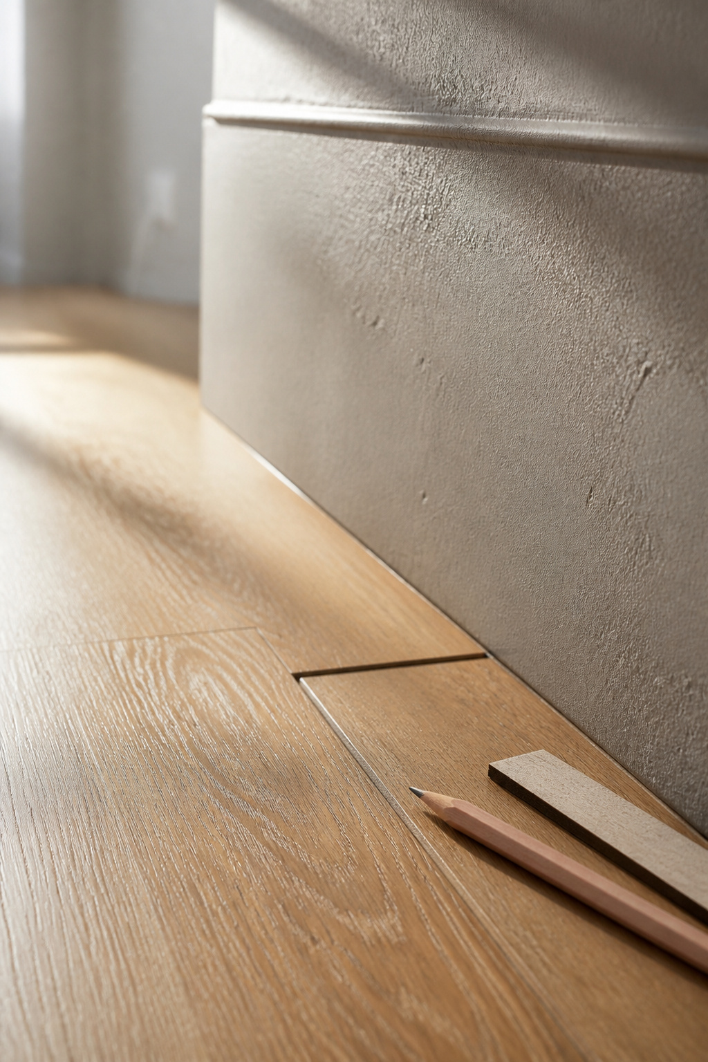 A subtly raised seam in honey-oak luxury vinyl plank flooring where two planks meet a wall without an expansion gap