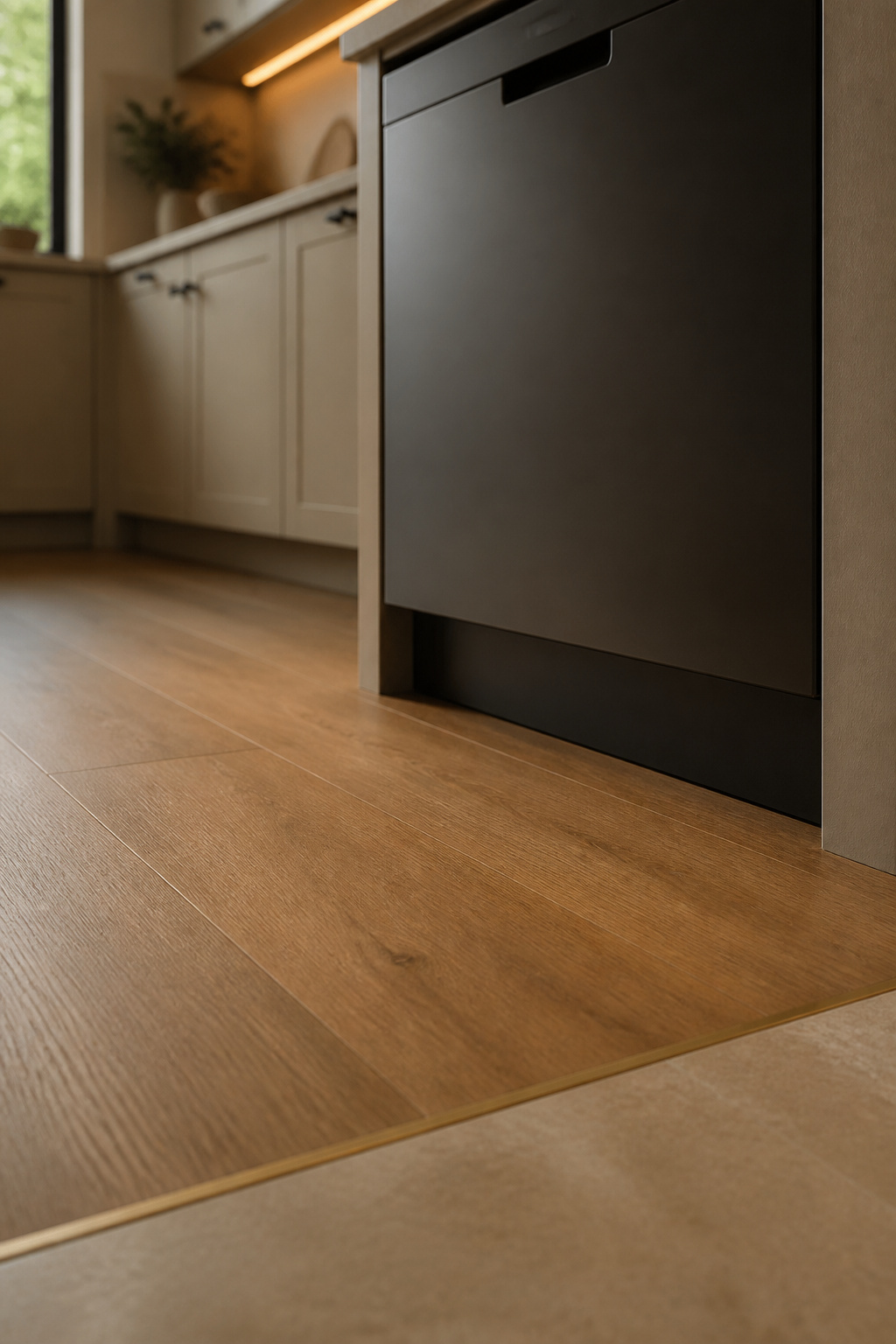 Honey-oak luxury vinyl plank flooring meeting the toe kick of a built-in dishwasher in a kitchen
