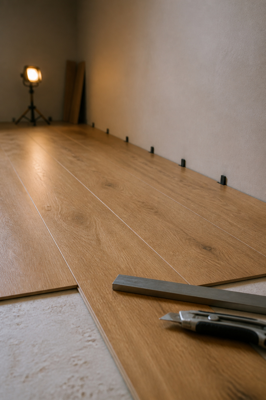 First rows of honey-oak luxury vinyl plank flooring laid across a subfloor with spacers at the perimeter wall gap