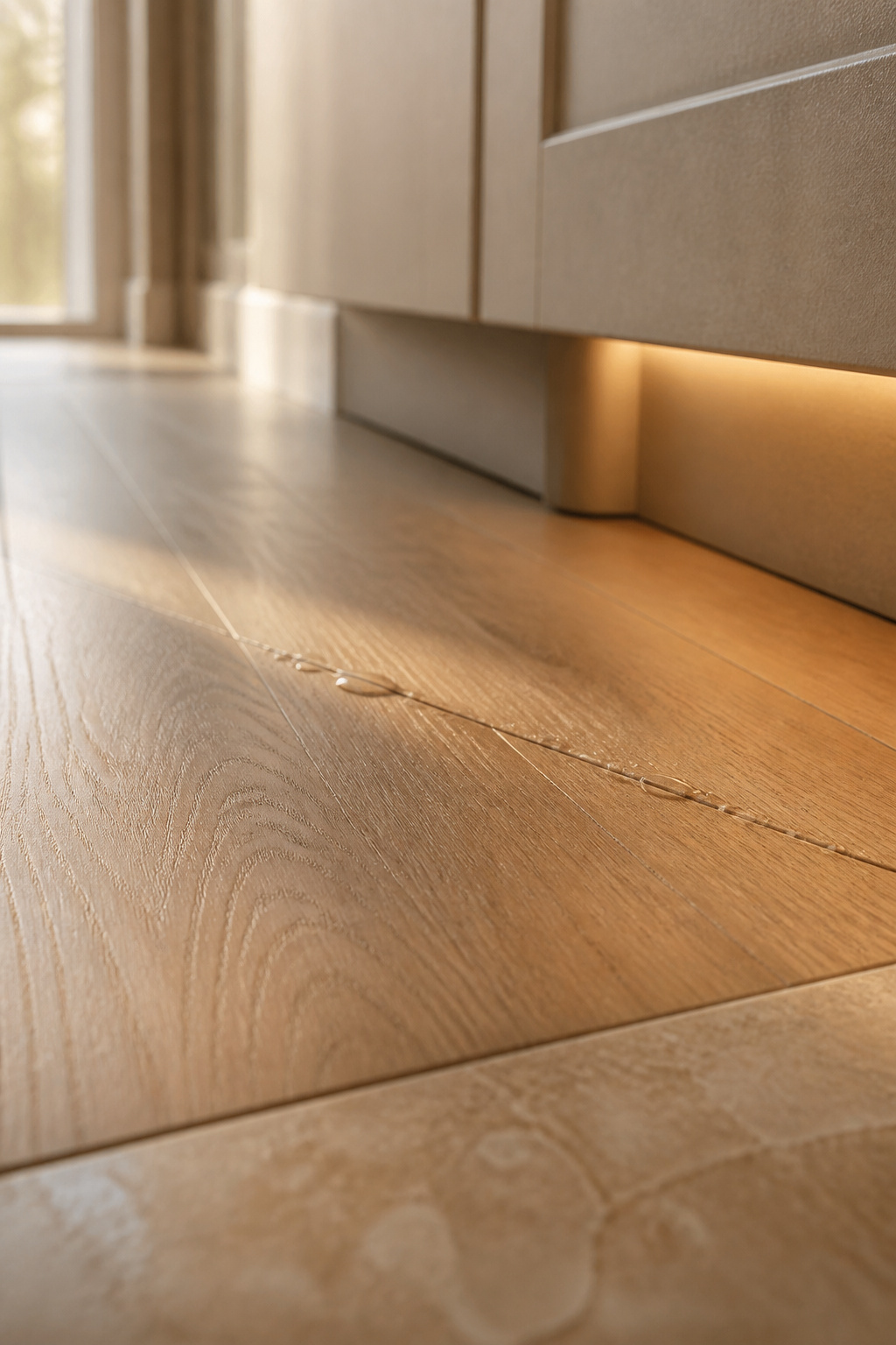Water beading along a seam in honey-oak luxury vinyl plank flooring near a kitchen cabinet base