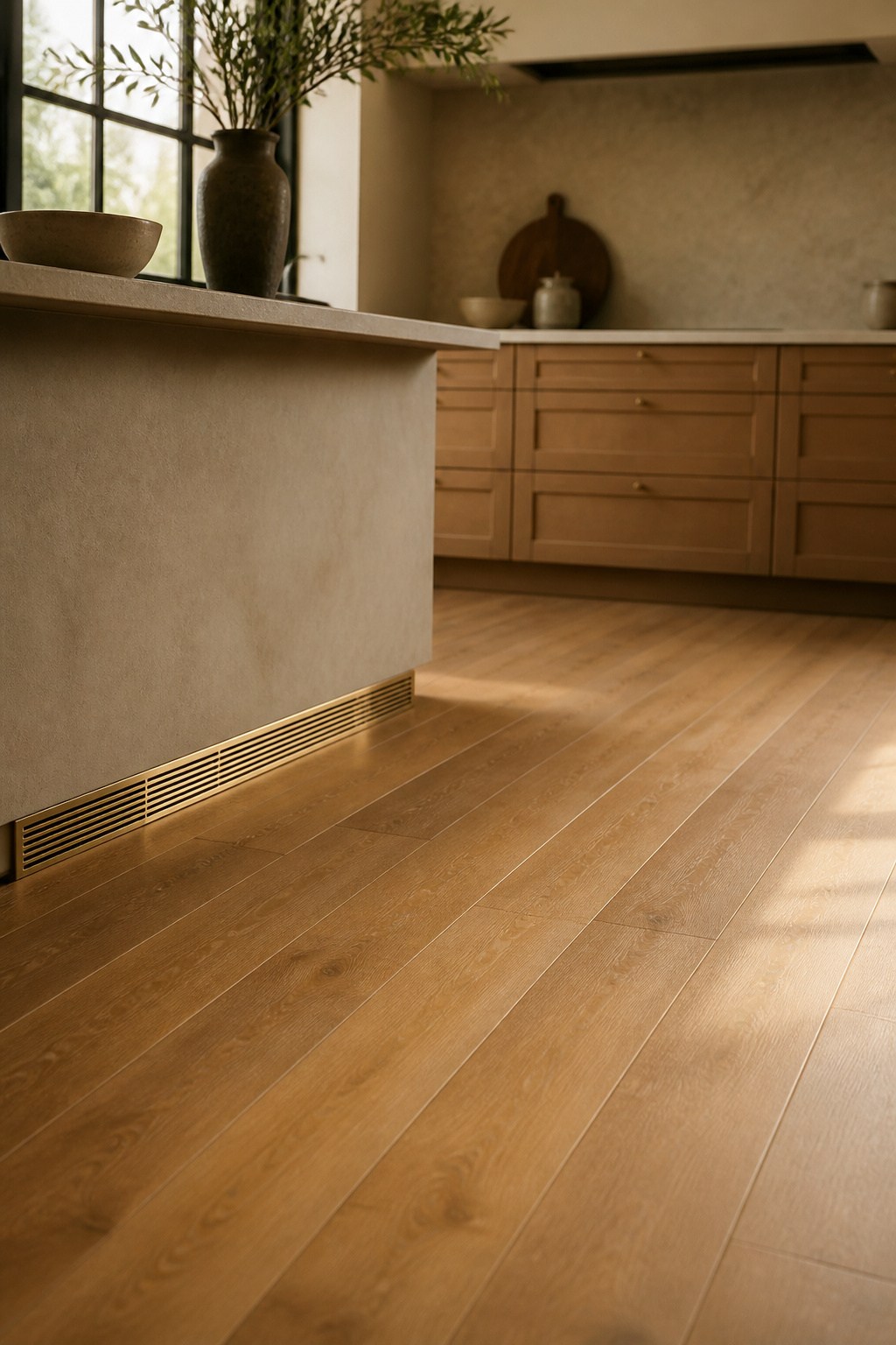 Warm honey-oak luxury vinyl plank flooring across a kitchen, photographed low and floor-forward with matte greige cabinetry blurred behind it