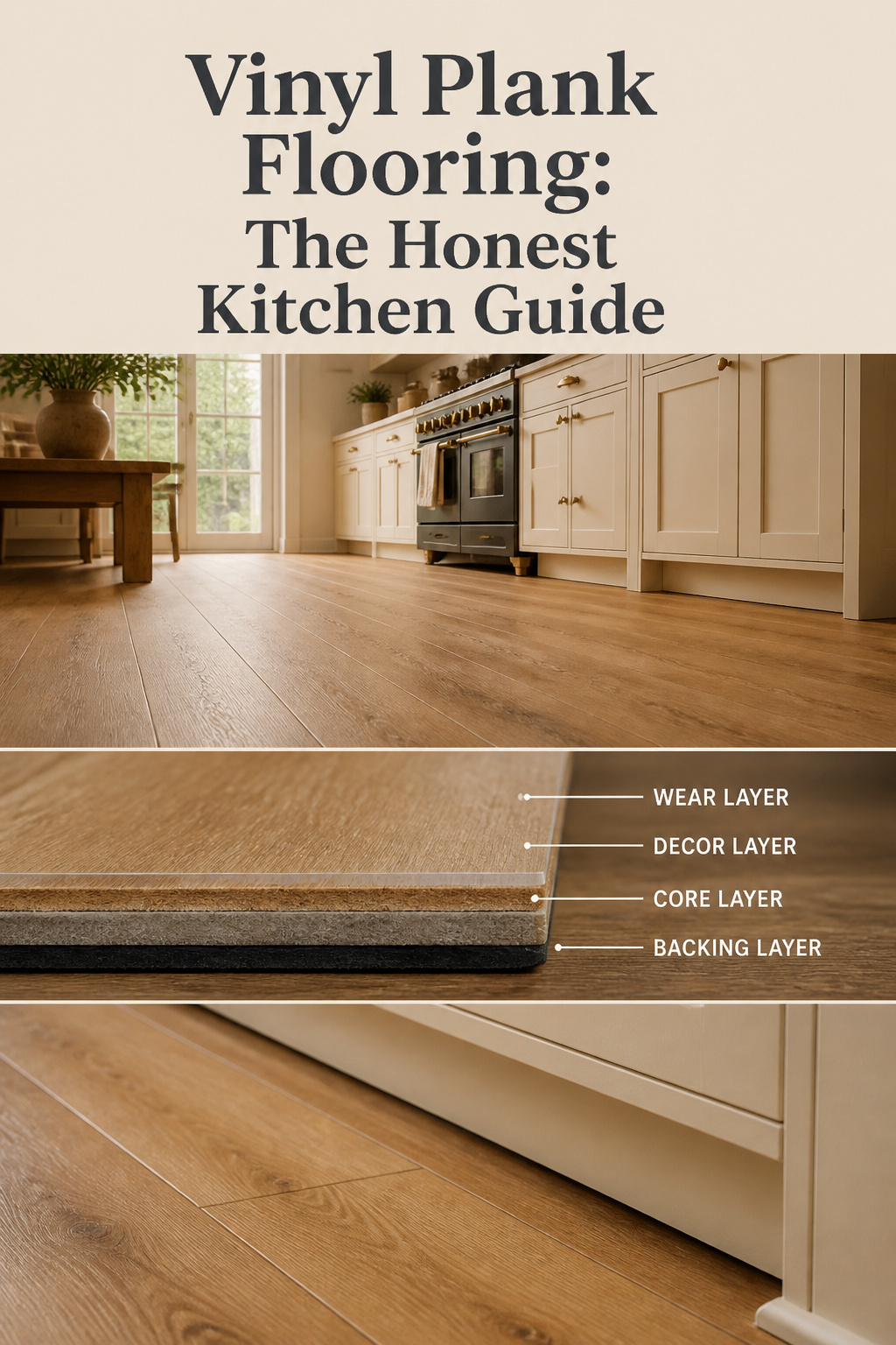 Pinterest pin collage of honey-oak luxury vinyl plank kitchen flooring showing the floor, a wear-layer detail, and the plank meeting a cabinet toe kick