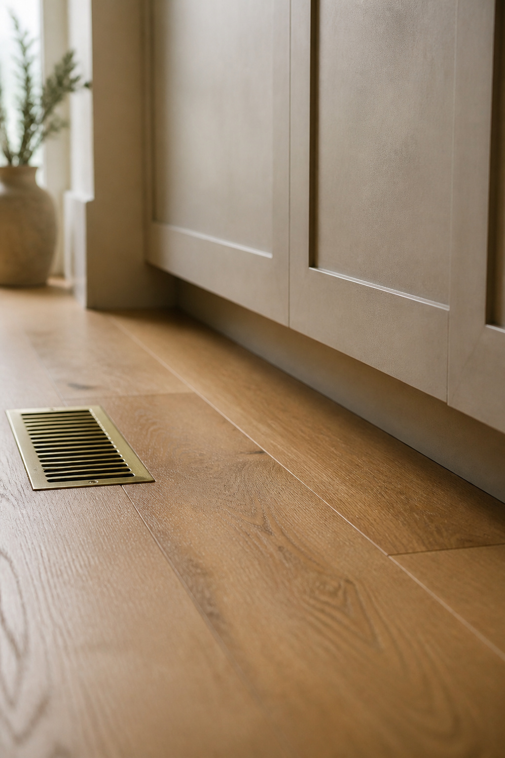 Honey-oak luxury vinyl plank flooring ending cleanly at a kitchen cabinet's recessed toe kick