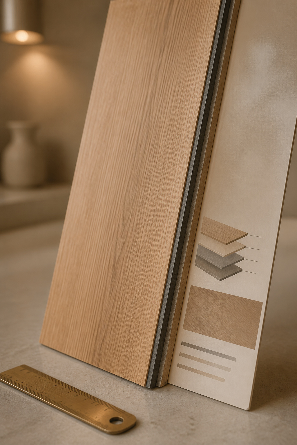 Cross-section of a honey-oak luxury vinyl plank sample showing its wear layer above the printed design layer, measured against a brass ruler