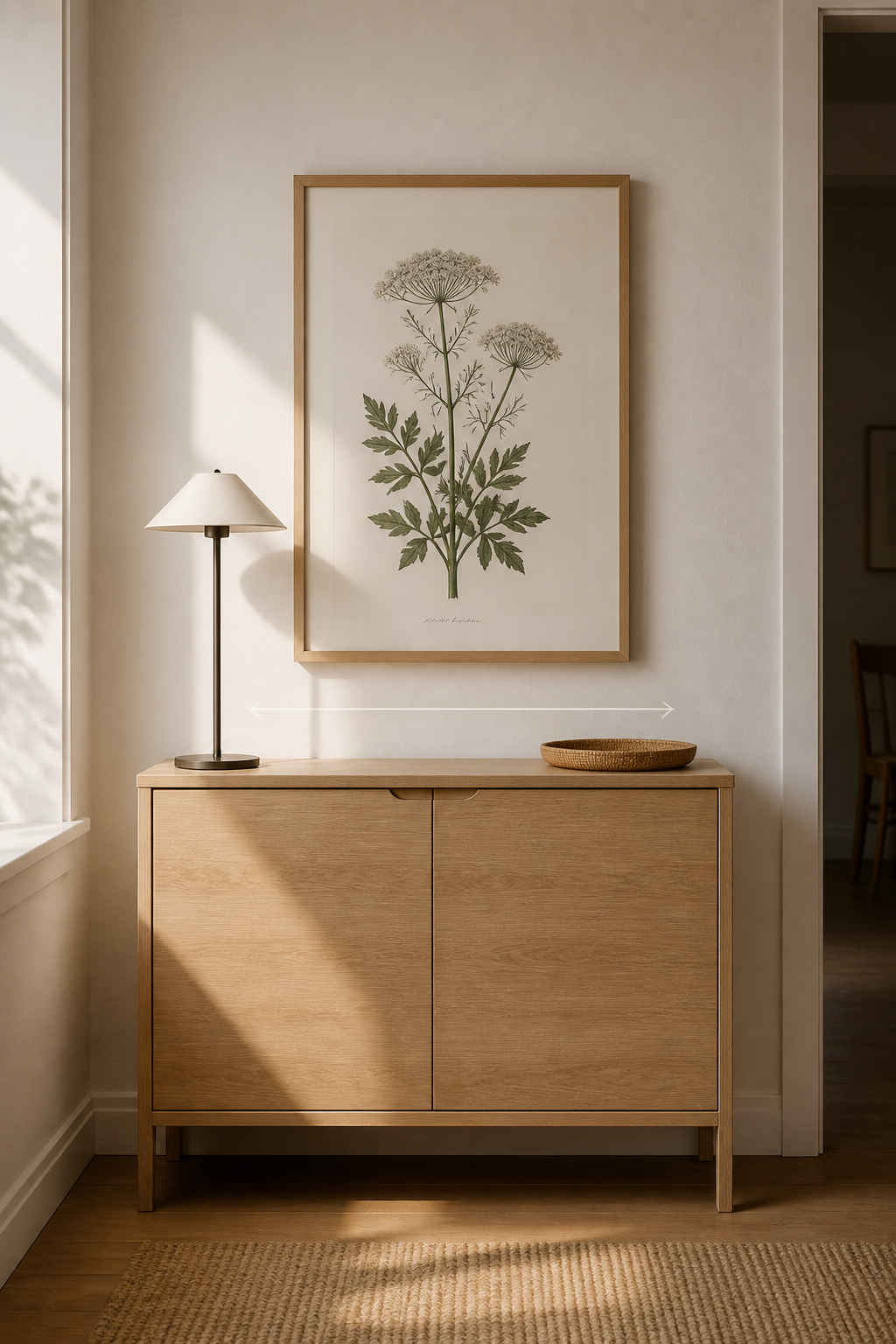 Narrow pale oak sideboard with single large framed print above it at two-thirds the sideboard width, slim buffet lamp on surface left