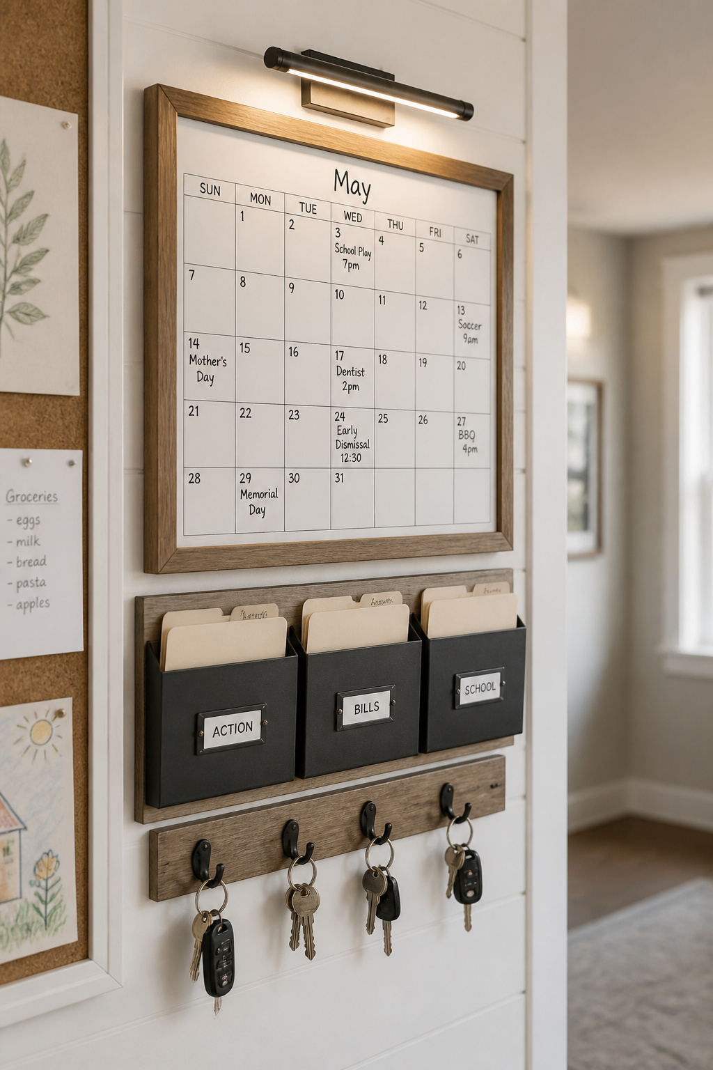 Wall-mounted family command center with a dry-erase calendar, labeled file pockets and key hooks