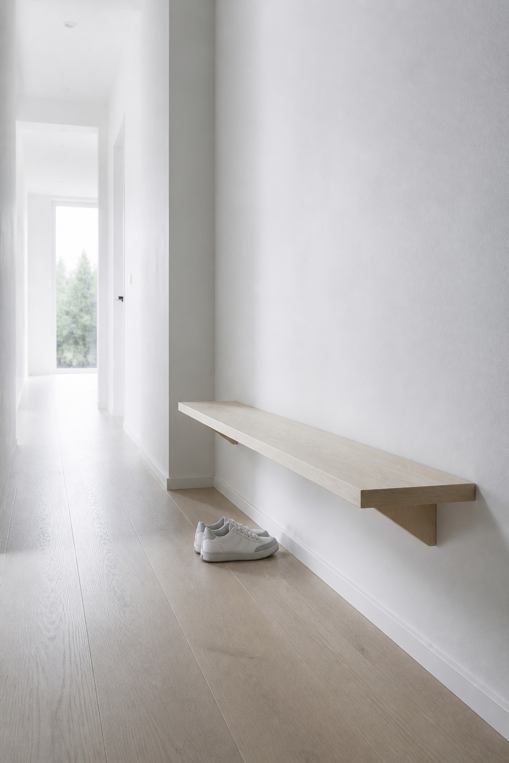 Wall-mounted white ash bench floating 18 inches above a narrow hallway floor, with the floor beneath entirely clear and two shoes neatly placed below