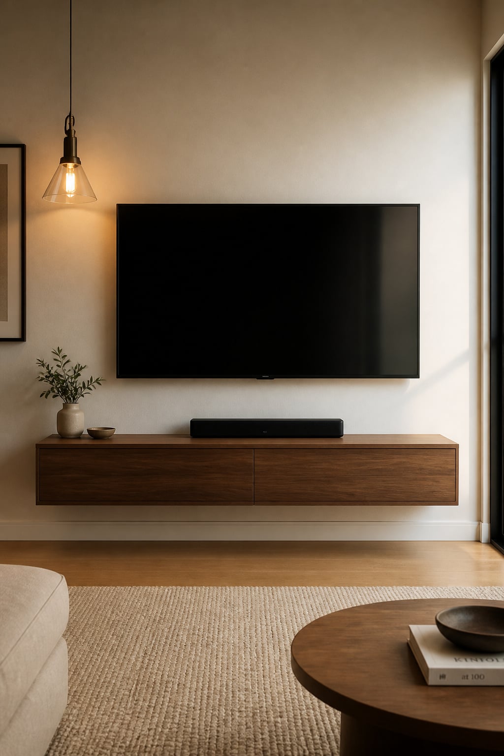 Wall-mounted TV with floating walnut console at 16 inches from floor, showing clear floor space beneath in a small living room