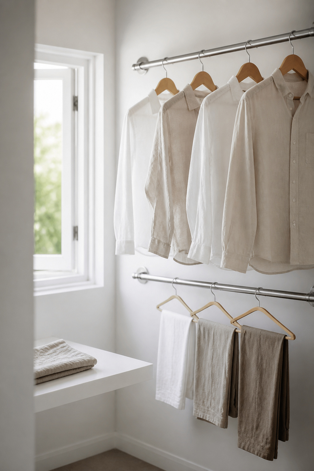 Two polished stainless-steel wall rods in a white Scandinavian laundry alcove with linen shirts hanging on wooden hangers