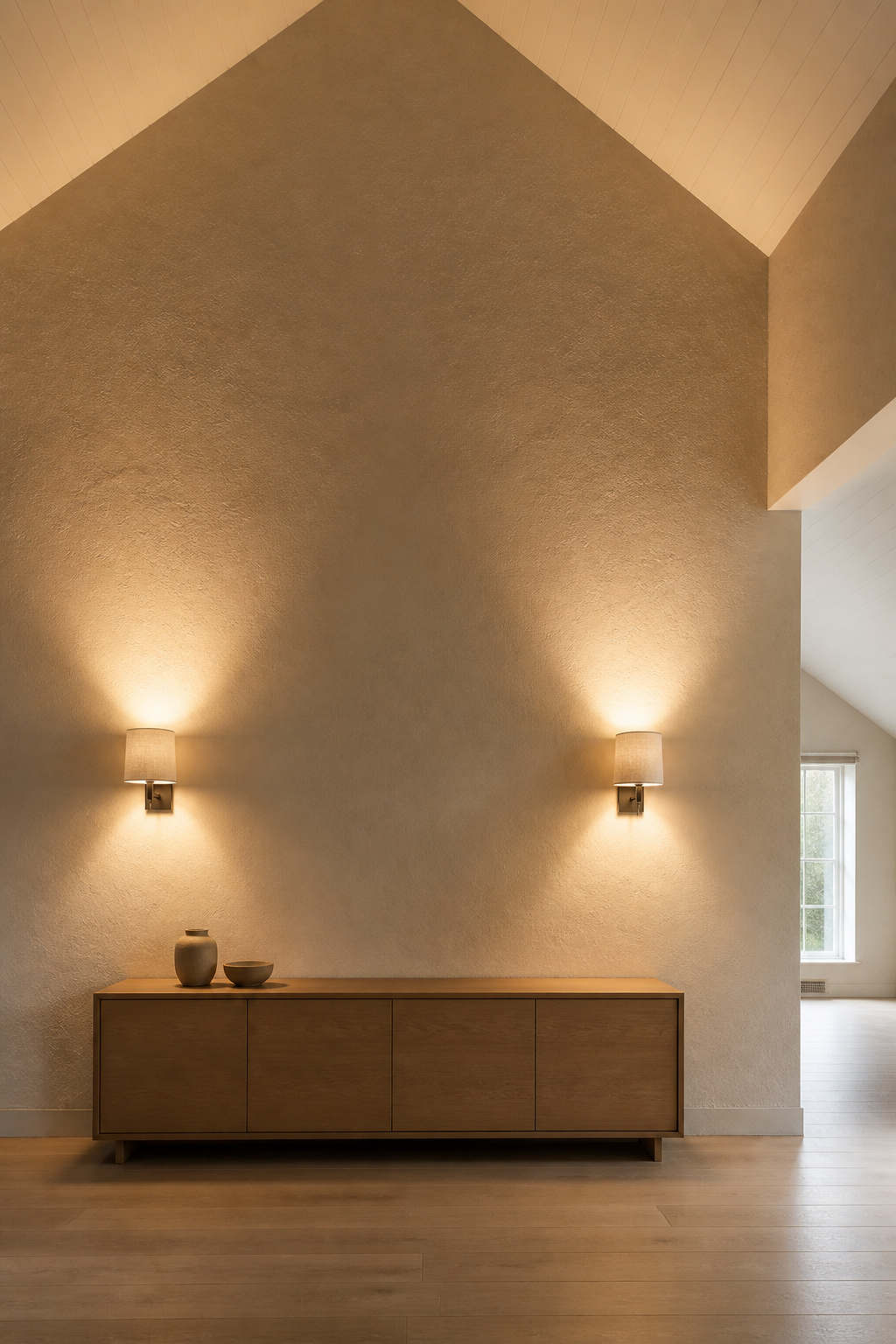 Two linen wall sconces at 68 inches flanking an oak sideboard in a vaulted living room, uplighting the plaster wall above