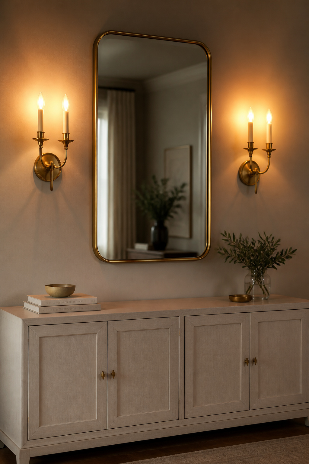 A pair of brass wall sconces flanking a large mirror above a sideboard, freeing the surface from table lamps entirely