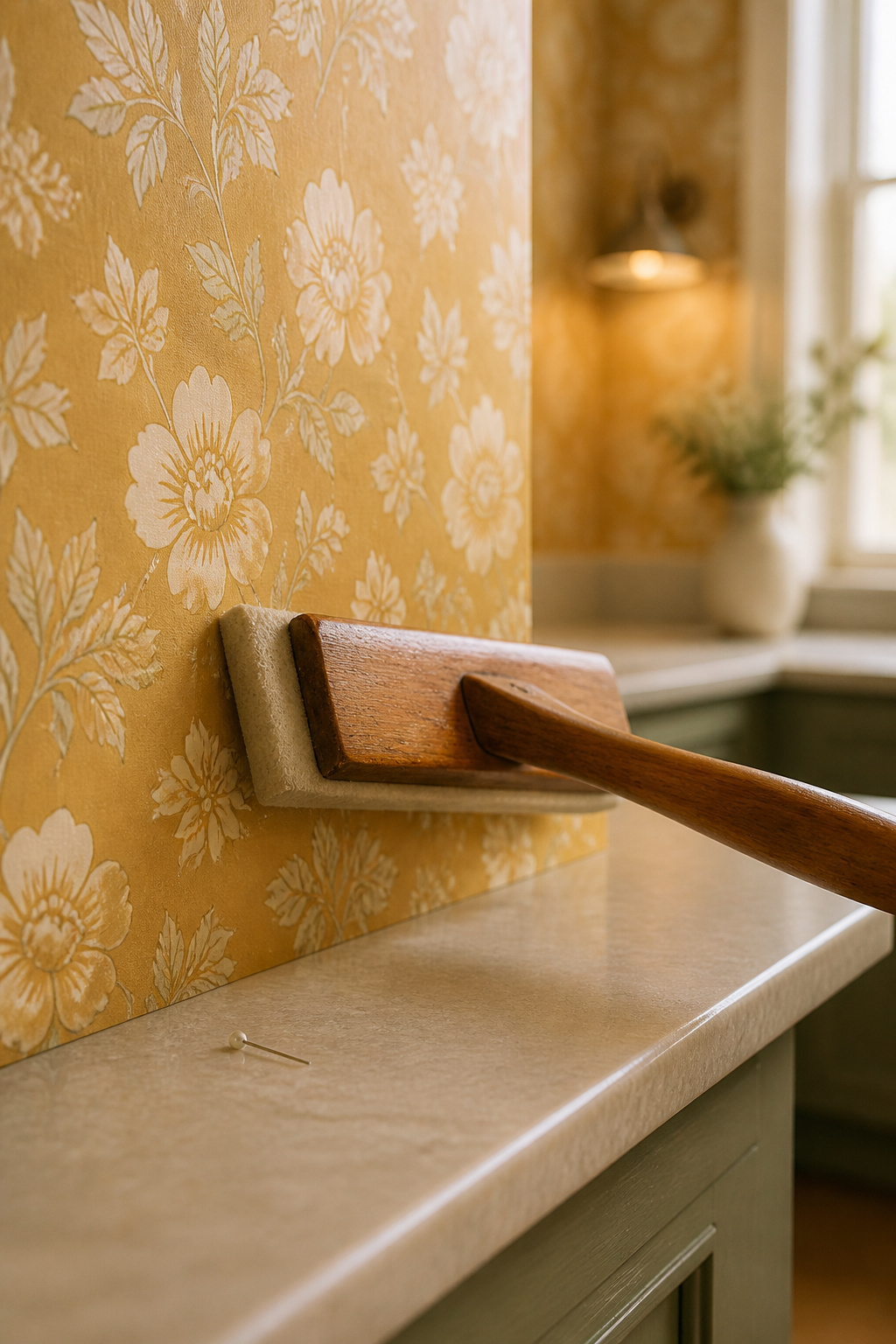 Squeegee smoothing an air bubble out of peel-and-stick wallpaper from the center toward the edge