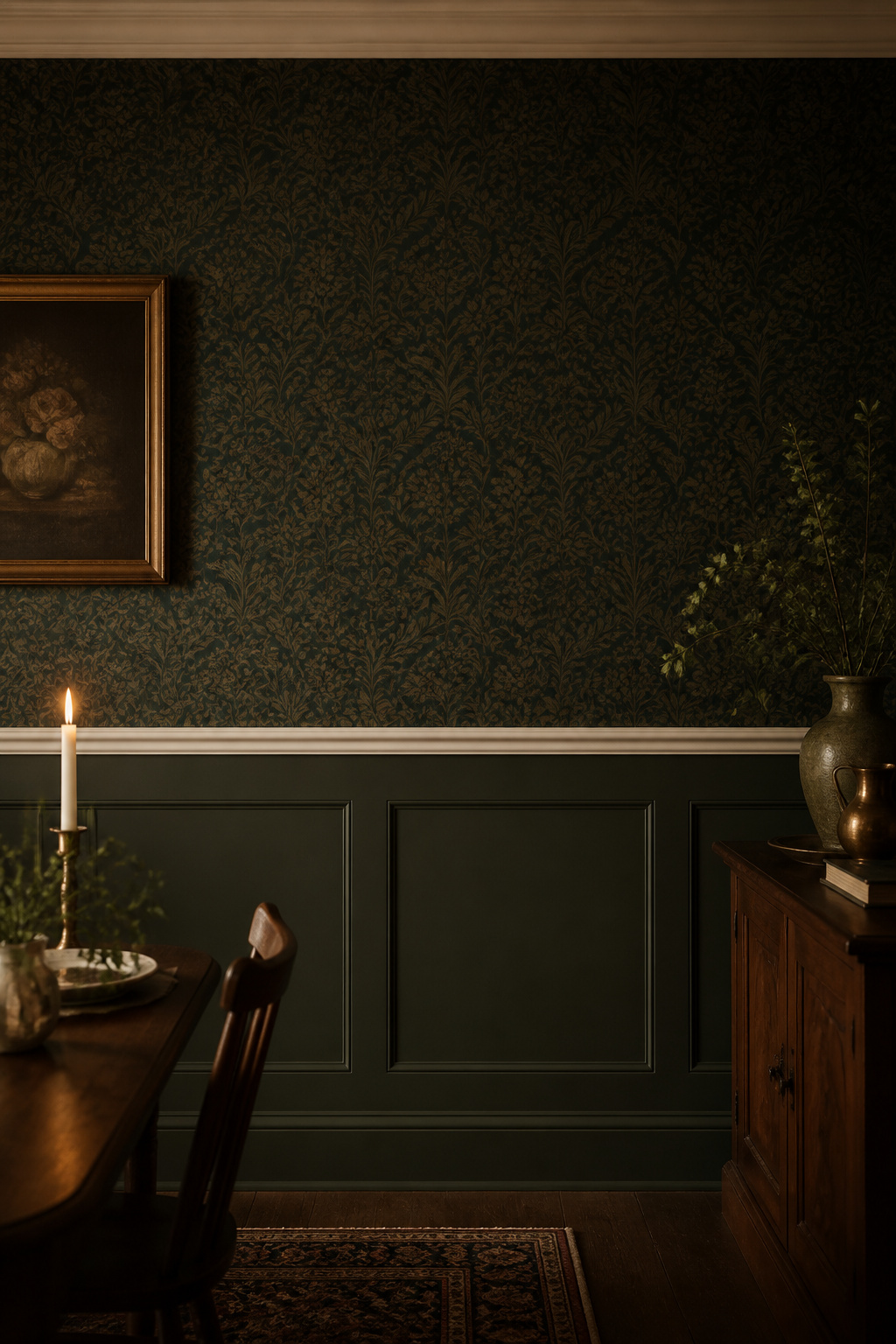 Dining room wall with dark green wainscoting below dado rail and dark botanical wallpaper above, off-white cap rail as the dividing line
