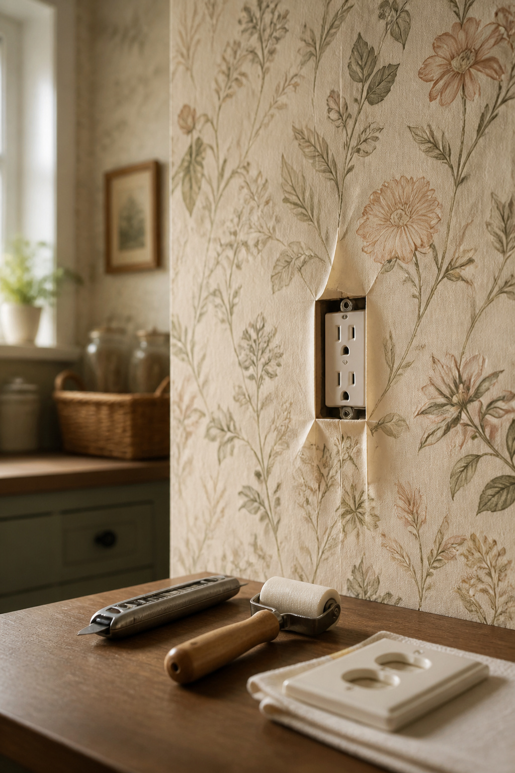 Wallpaper trimmed cleanly around a wall outlet with a utility knife and seam roller nearby