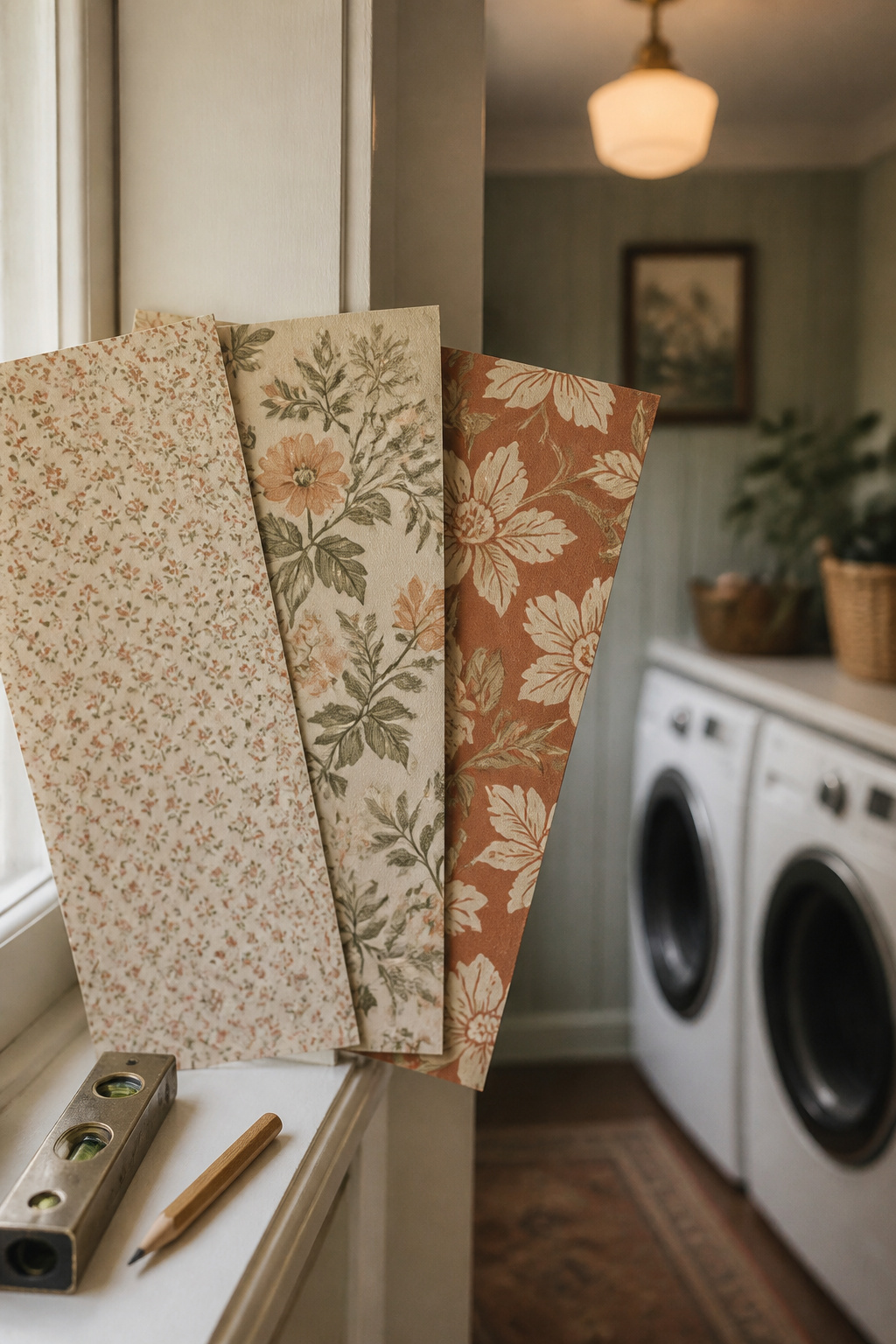 Three wallpaper sample swatches in different pattern scales held against a laundry room wall