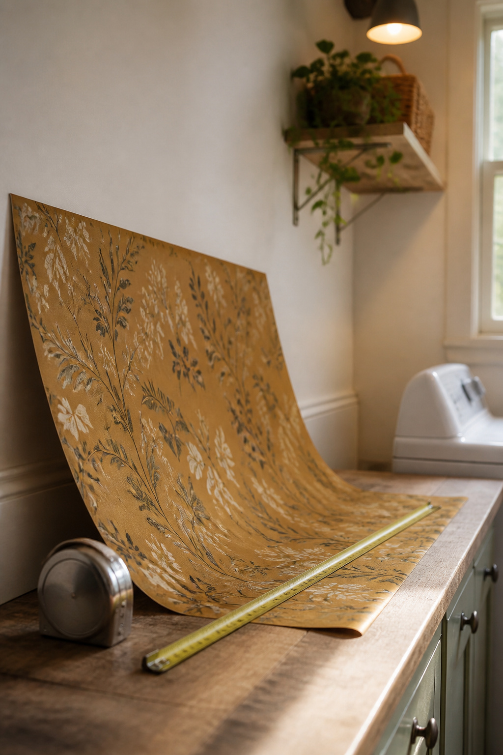 Peel-and-stick wallpaper roll and tape measure leaning against a blank laundry room wall