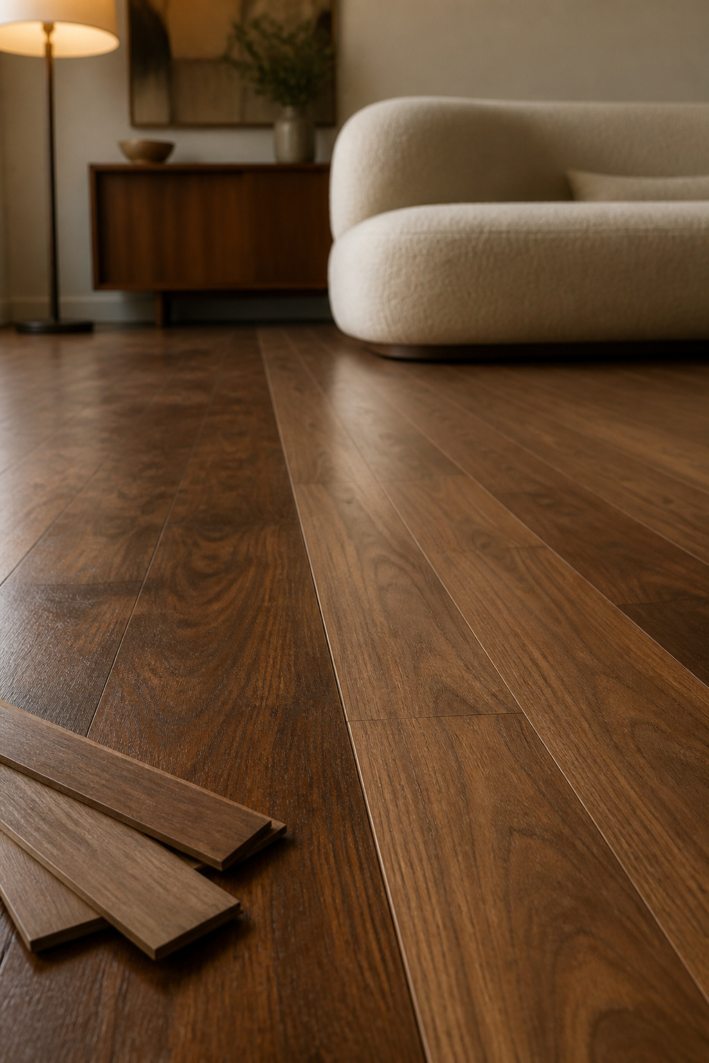 Seam where new walnut flooring meets the original floor with closely matched grain and tone