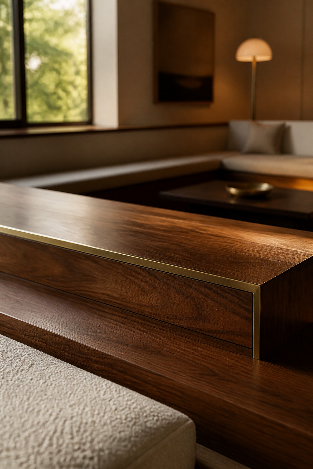 Finished walnut step edge with an aged brass trim strip leading down into a sunken living room