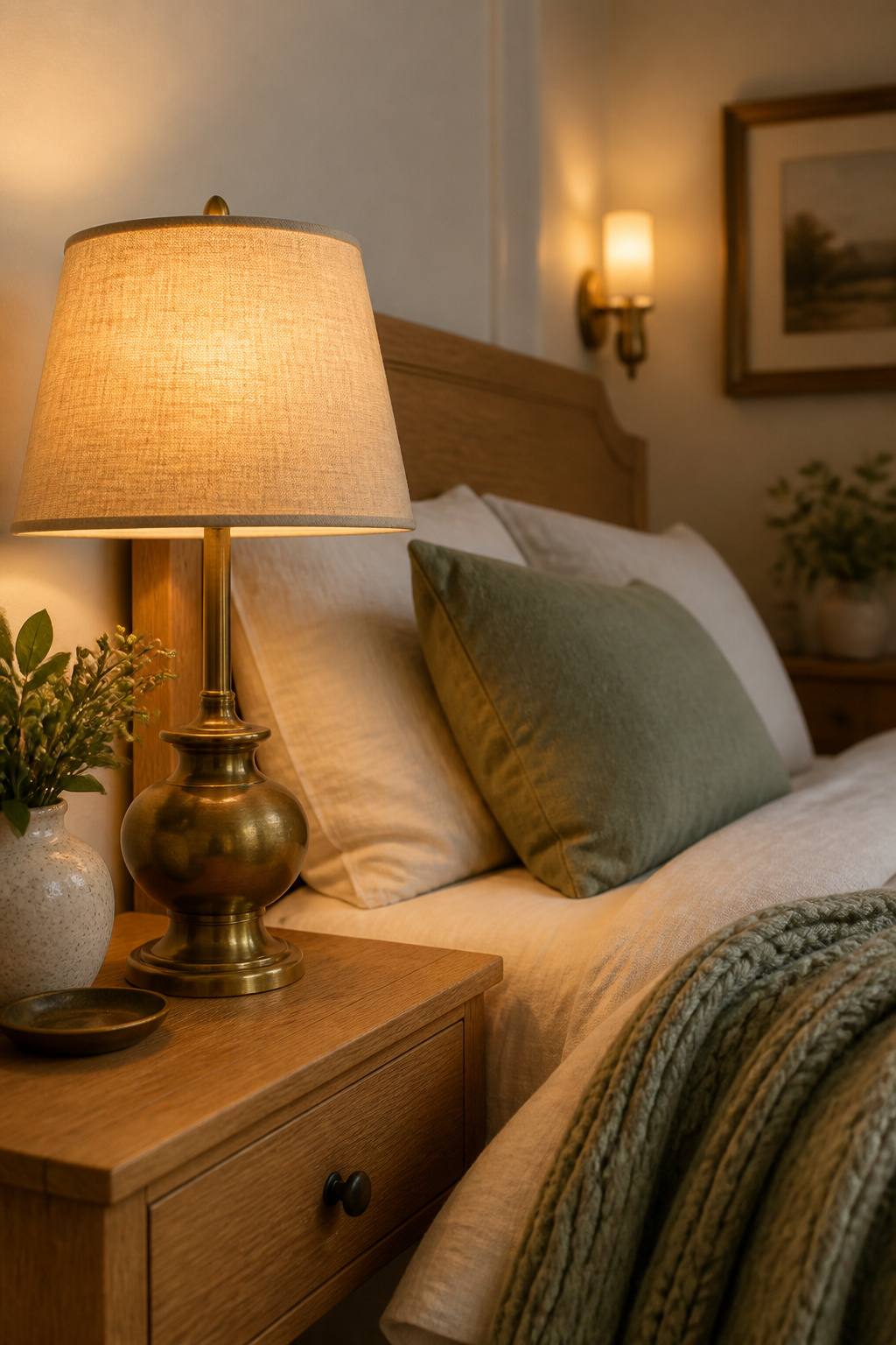 Warm bedroom at dusk lit by a linen-shaded bedside lamp on a honey oak nightstand with a wool throw and glowing brass wall sconce