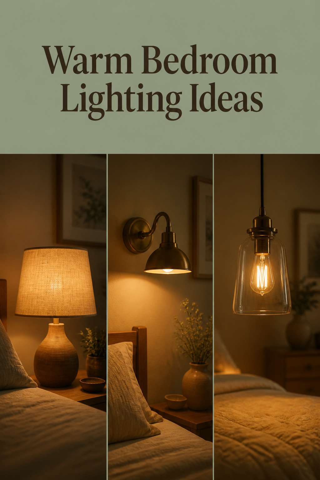 Pinterest pin collage of three warm bedroom lighting ideas - bedside lamp, brass wall sconce and headboard string lights with candles - on a sage green banner reading Warm Bedroom Lighting Ideas
