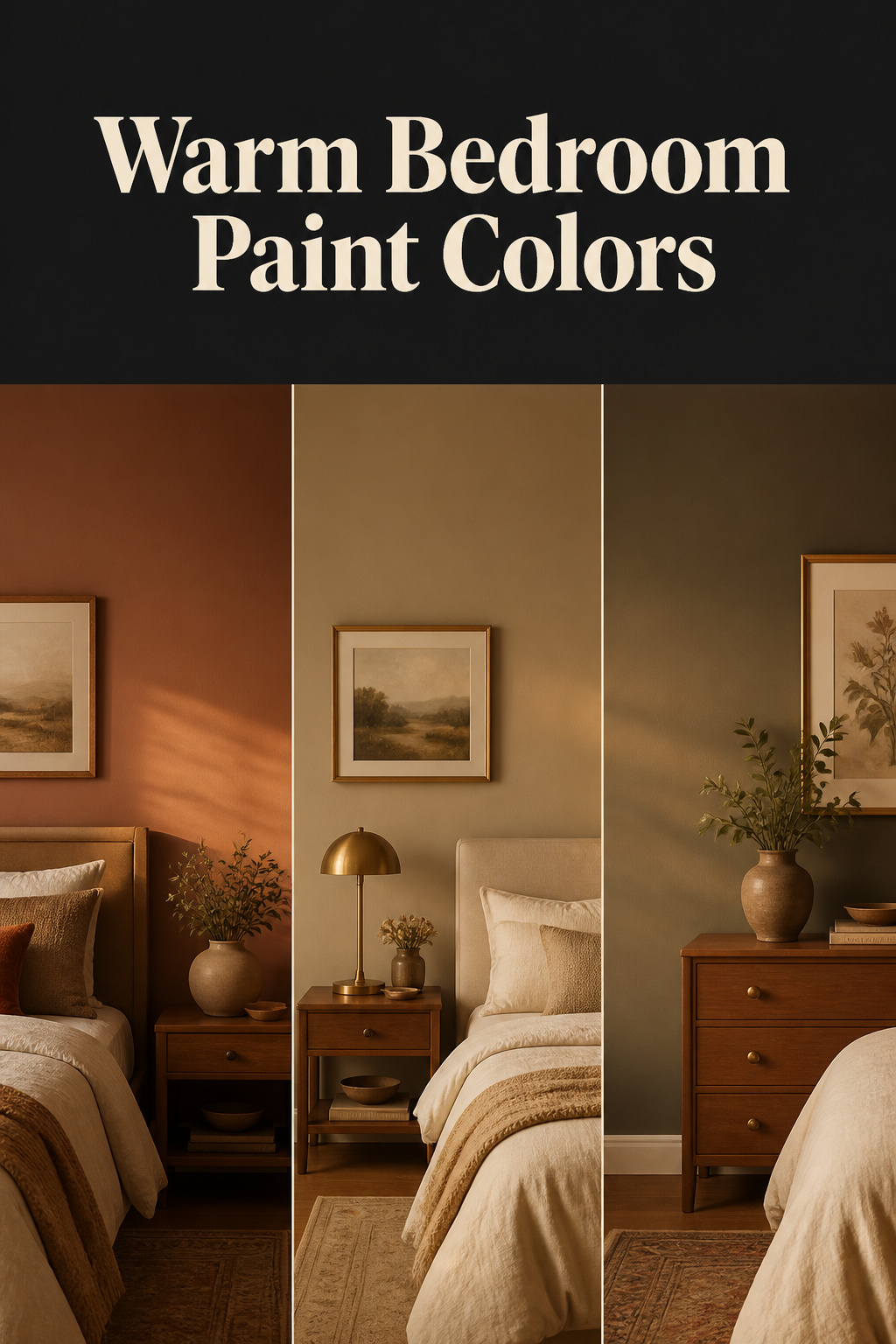 Pinterest pin collage of three warm bedroom paint colors - terracotta, muted sage and deep charcoal - on a charcoal banner reading Warm Bedroom Paint Colors
