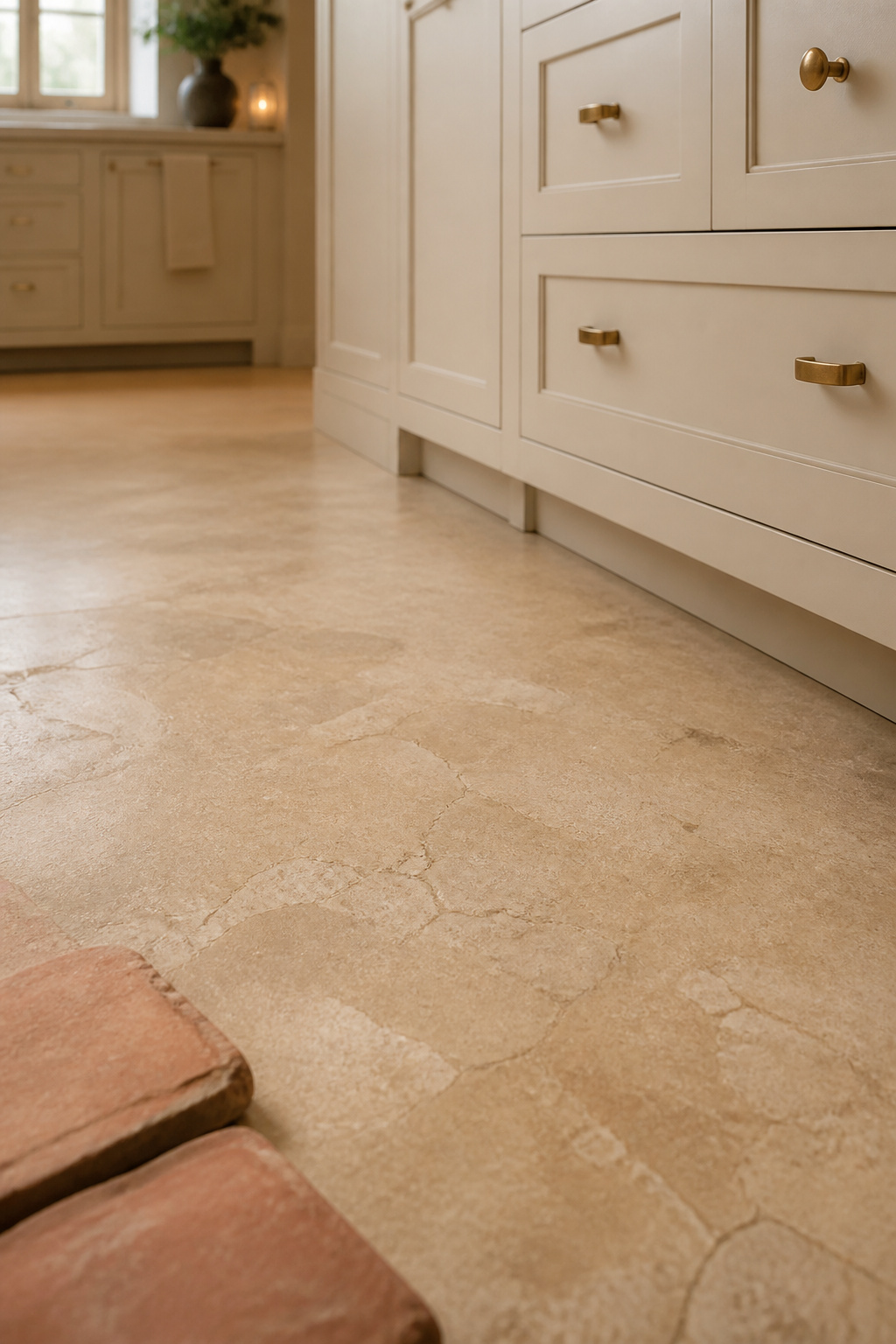 Honed dijon-honey limestone kitchen floor meeting warm off-white inset cabinetry at the toe kick