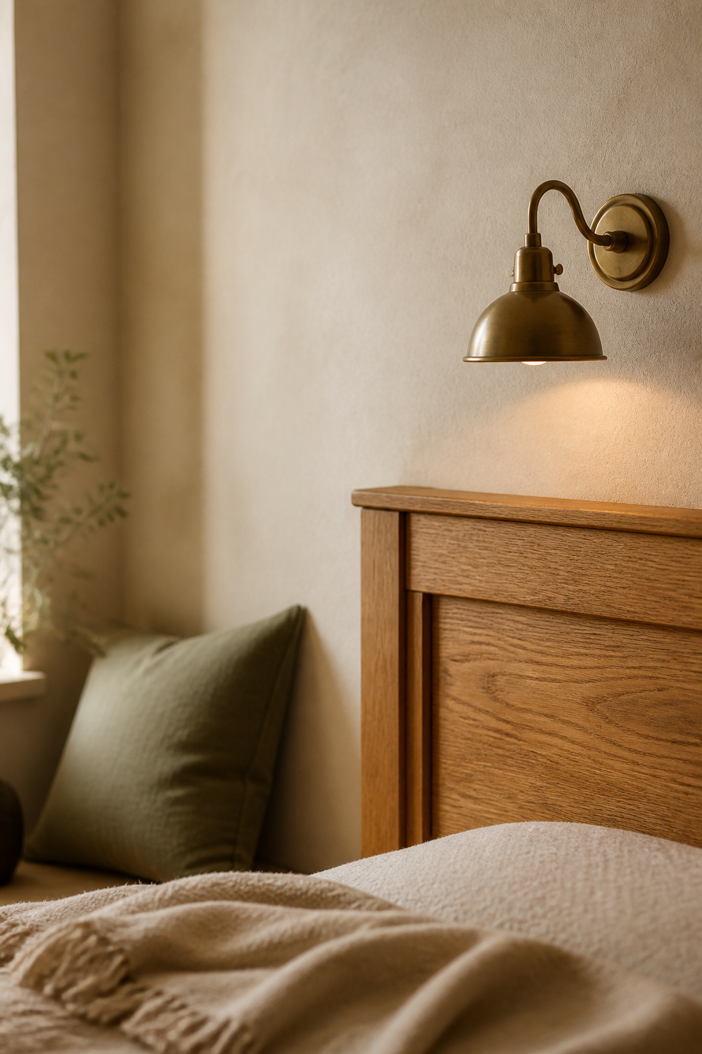 Warm oatmeal-white bedroom wall behind a honey oak headboard with a glowing aged brass wall sconce and sage green cushion