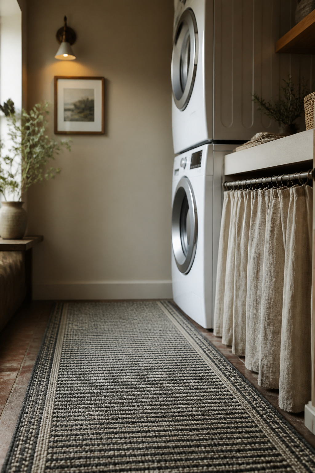 Washable runner rug in front of a stacked washer and dryer with a tension-rod fabric skirt under an open shelf
