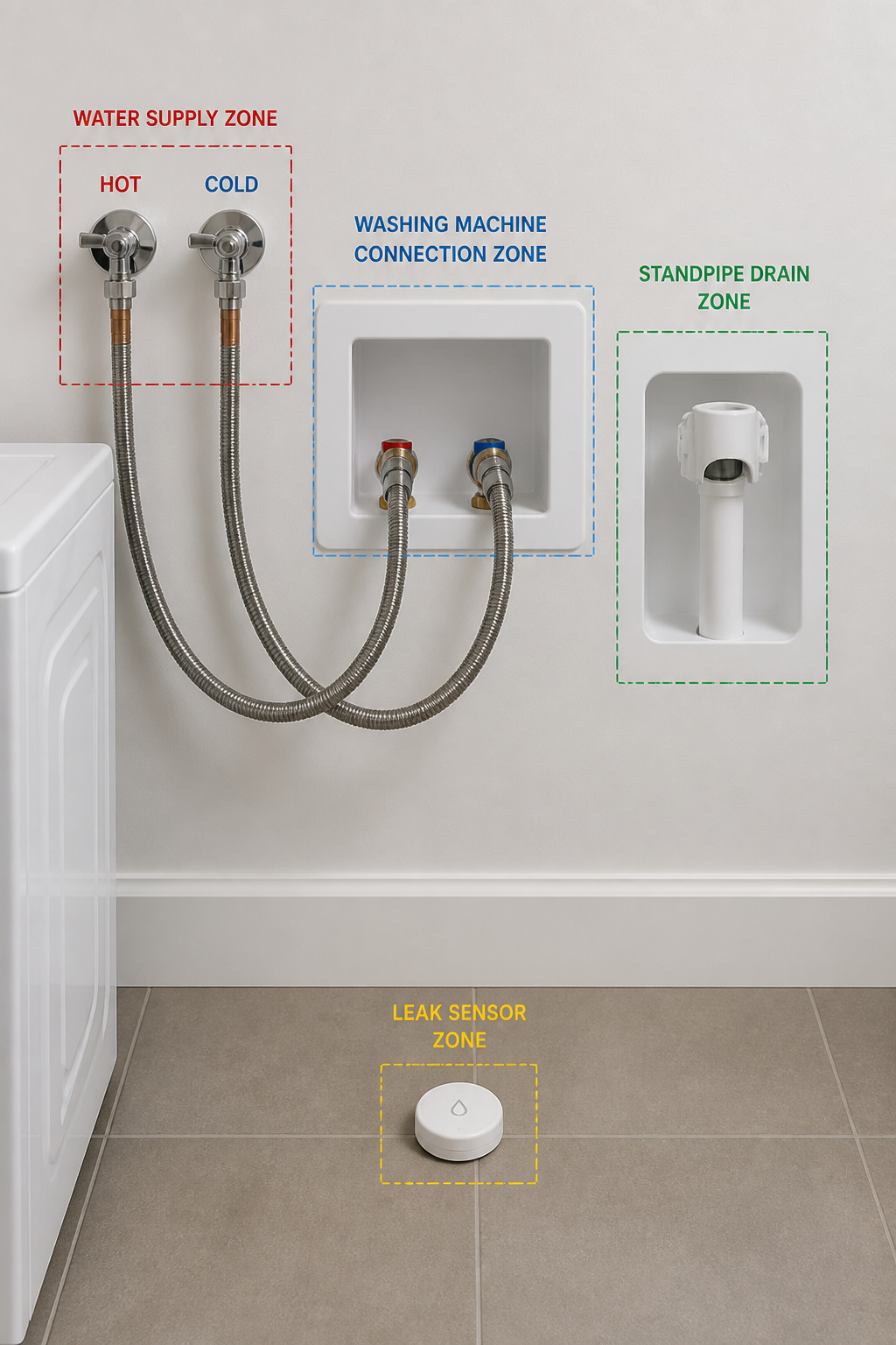 Washing machine wall hookup zone showing ball valves on supply lines, braided hoses, standpipe drain receptor, and floor-level leak sensor in their relative positions