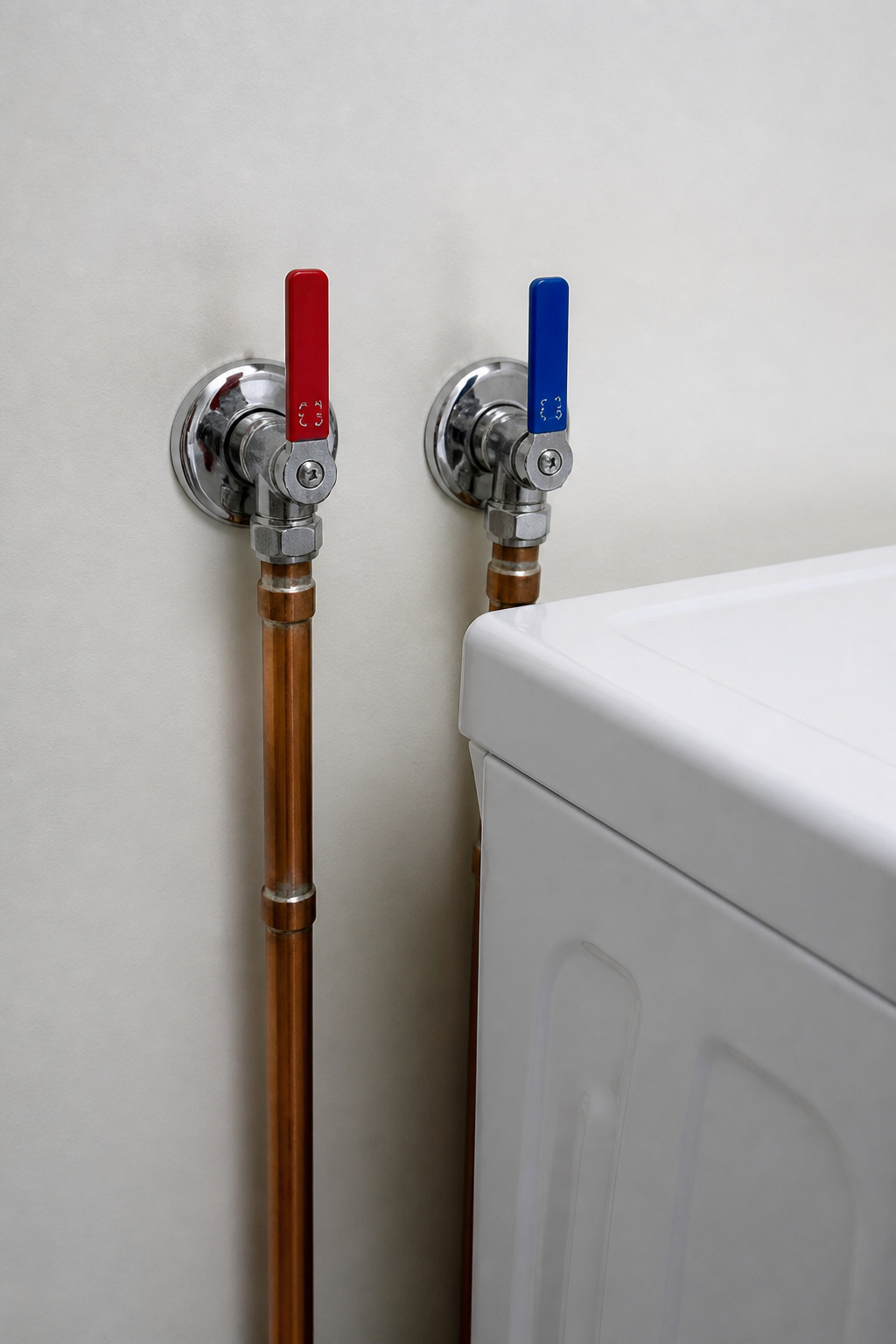 Chrome single-lever ball valves on hot and cold washing machine supply lines, red and blue handles parallel to pipes in open position, mounted on copper pipes against white wall