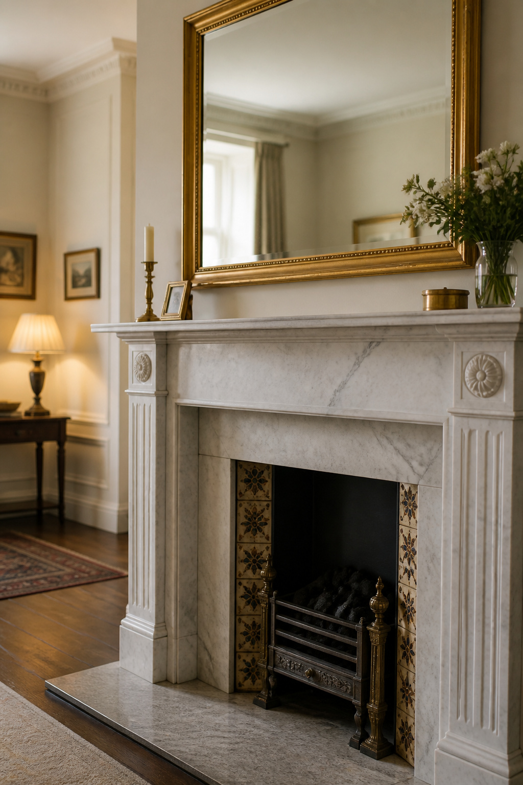 Pale marble fireplace surround with a wide gilt-framed mirror above the mantel in a Georgian-style living room