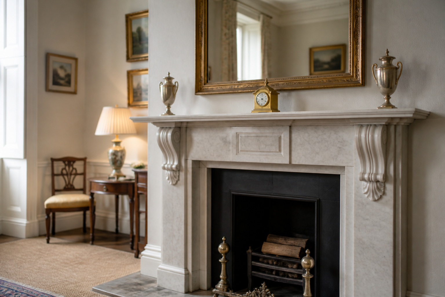 Pale marble fireplace surround with a wide gilt-framed mirror above the mantel in a Georgian-style living room