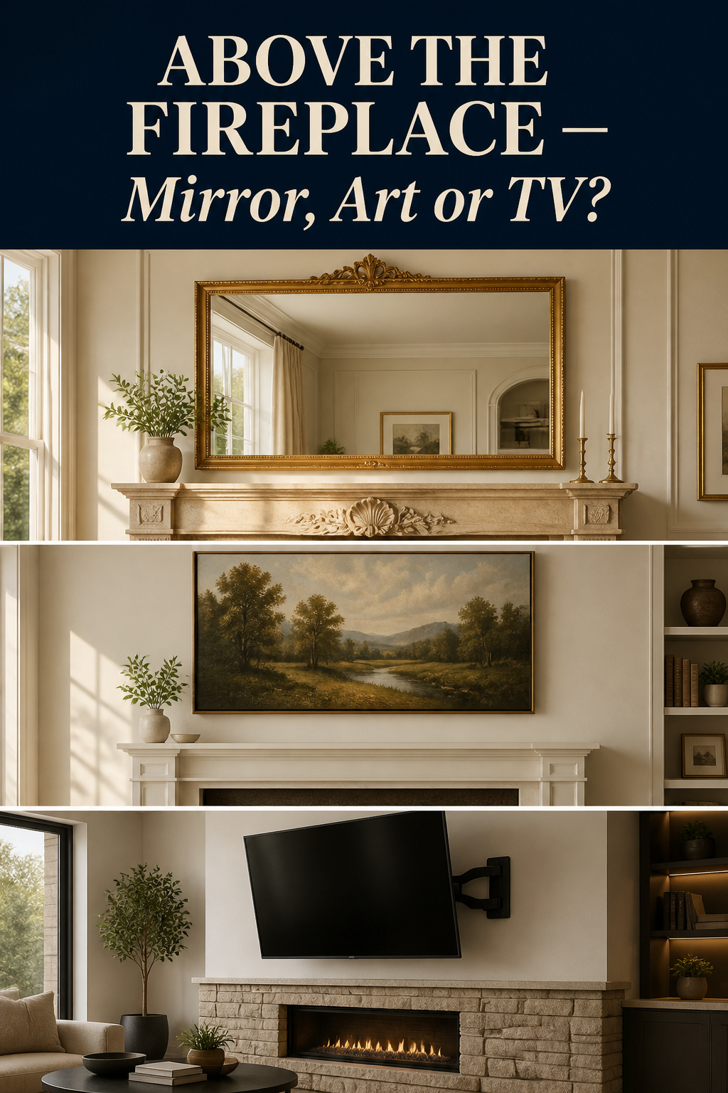 Pinterest collage comparing mirror, art, and TV placement above a fireplace mantel with sizing guidance
