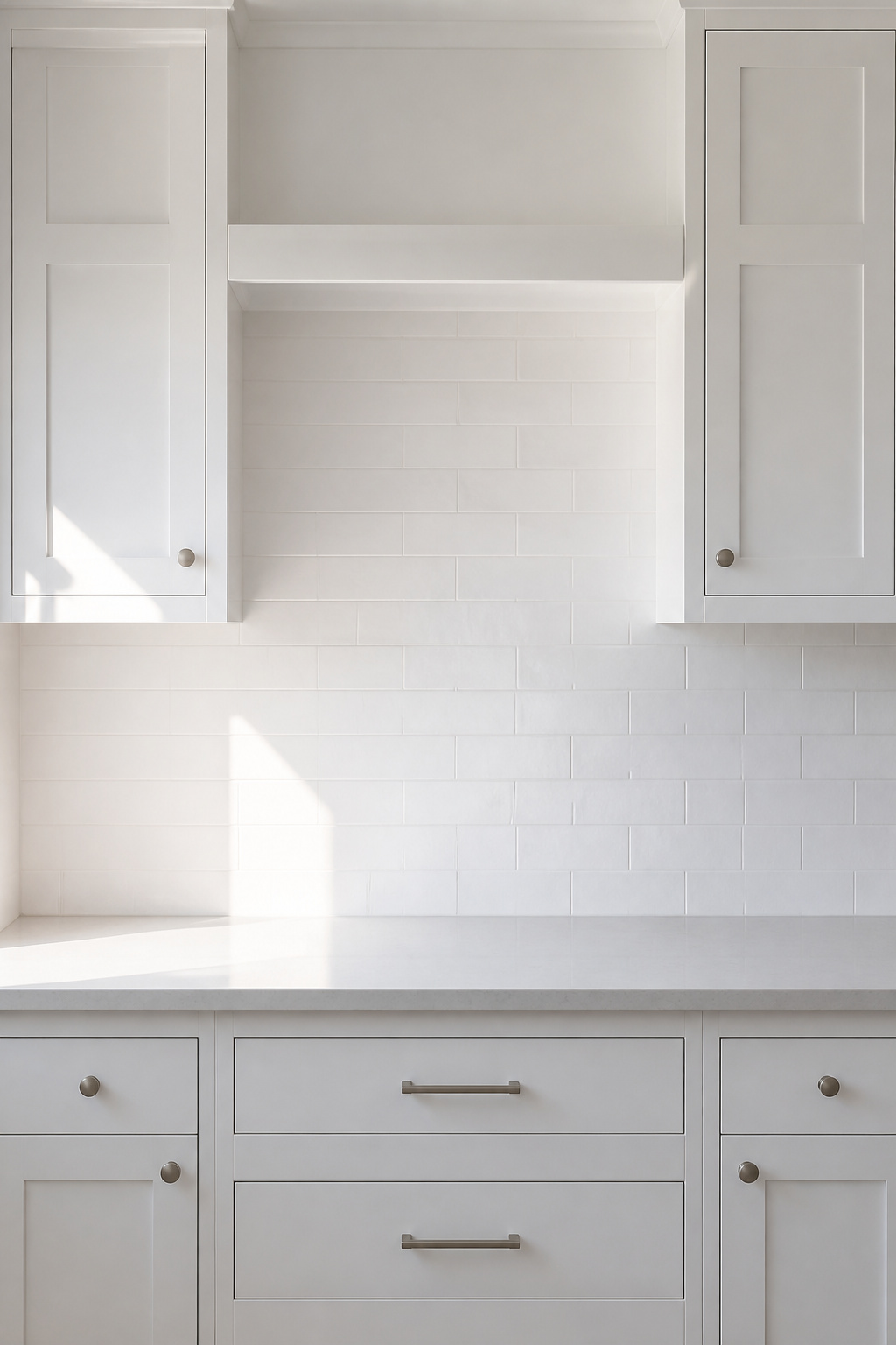 White kitchen backsplash area between counter and upper cabinets showing the tile wall as a clean visual canvas