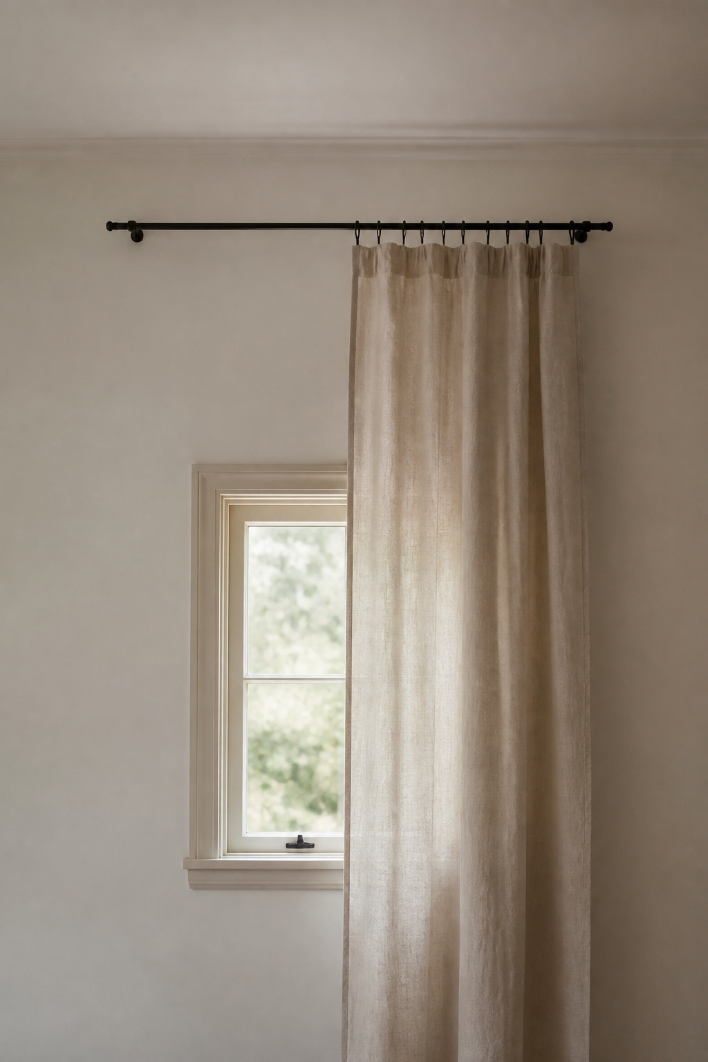 Curtain rod mounted wider and higher than a small bedroom window frame to make it look larger