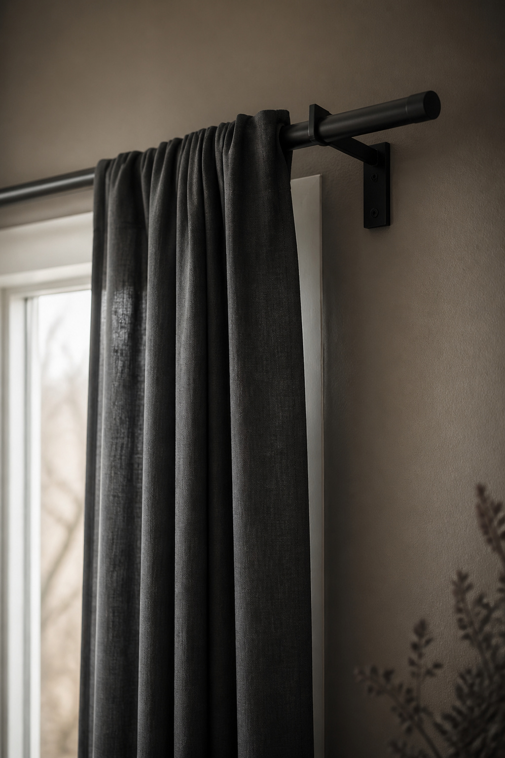 Curtain rod mounted on wall brackets extending well past the window frame to close side light gaps