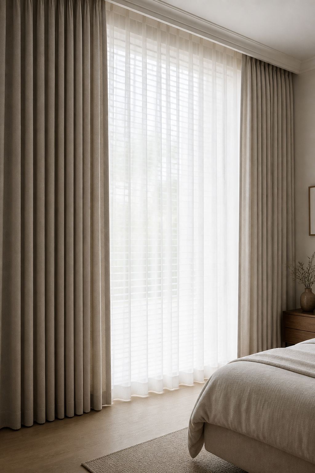 Wide bedroom window dressed with fully layered curtains stacked open on both sides