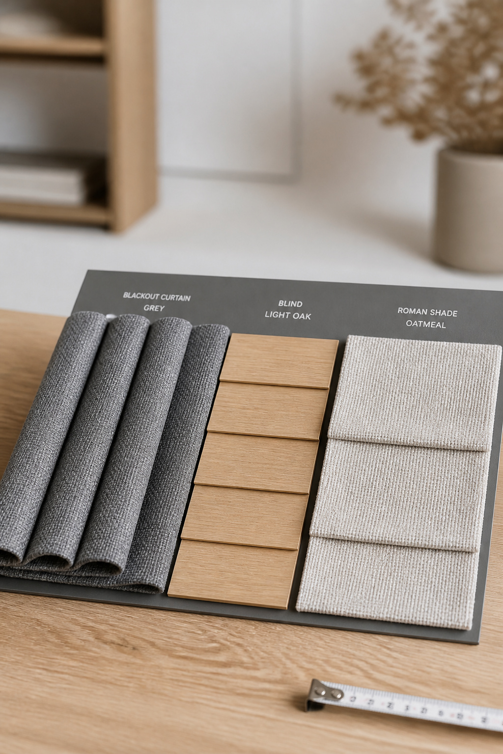 Swatch board comparing a blackout curtain fabric sample, a wood blind slat, and a roman shade fabric side by side