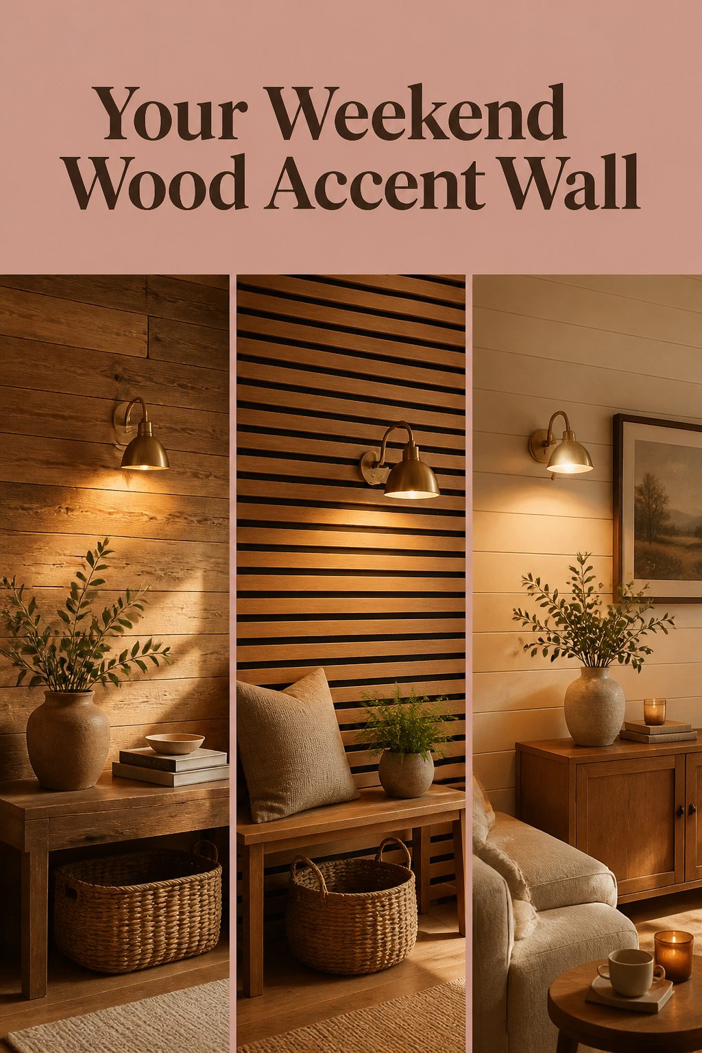 Pinterest pin showing three wood accent wall styles - plank, slat and shiplap - in honey oak tones for a cozy bedroom