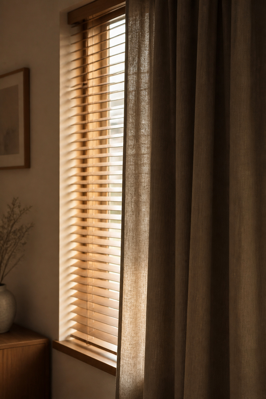 Faux-wood venetian blind layered under a heavier linen curtain panel in a bedroom window