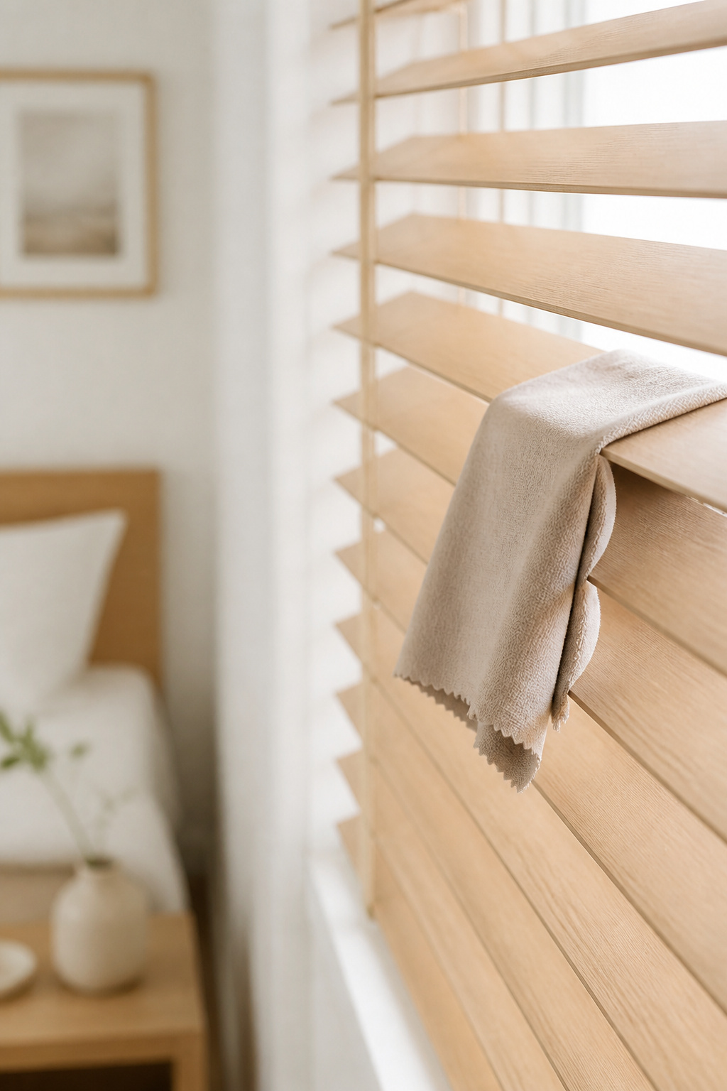 Light oak venetian blind slats in a bedroom being cleaned with a microfiber cloth