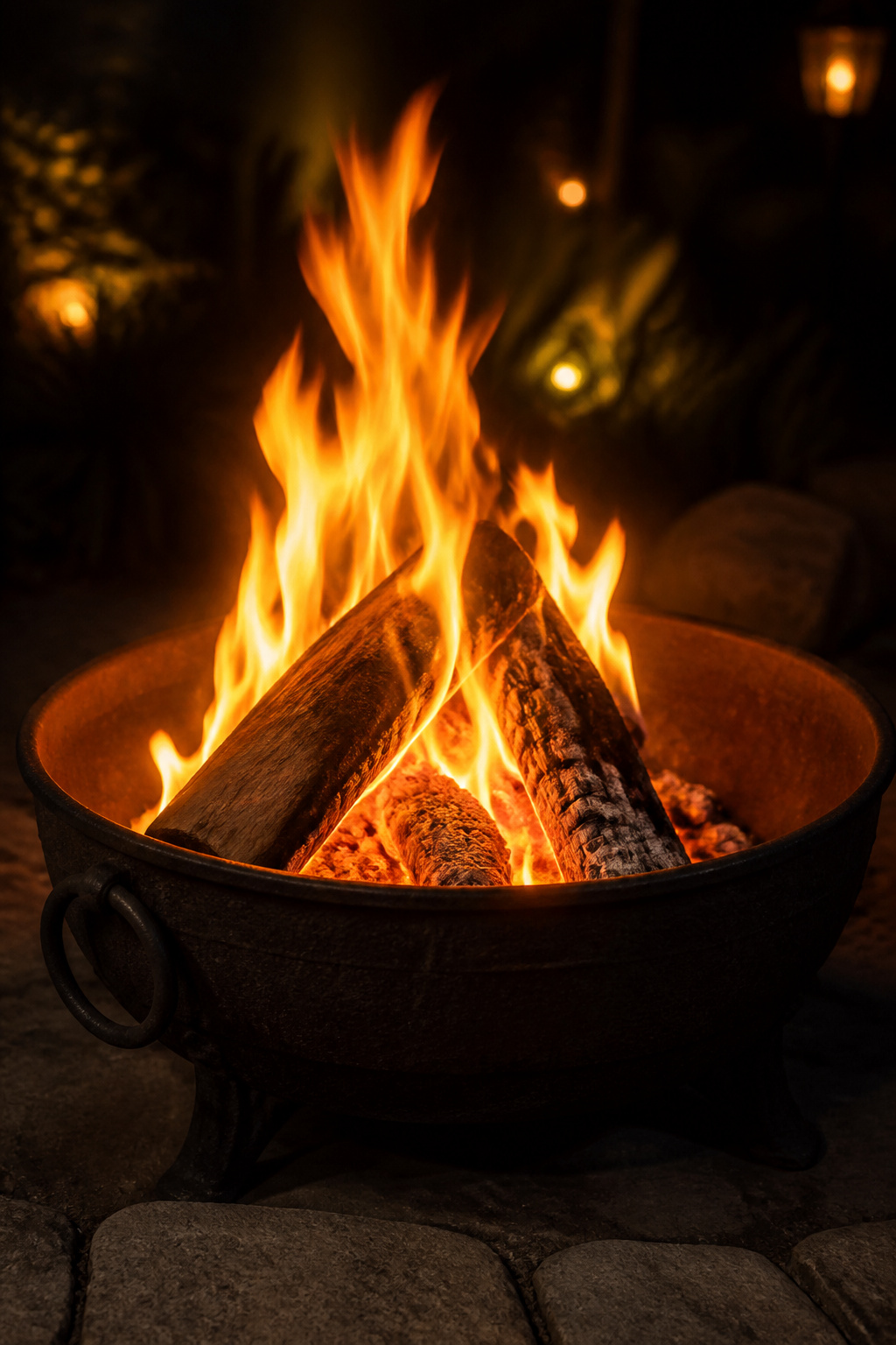 A wood-burning fire pit with glowing oak logs and deep orange coals on a stone patio at night