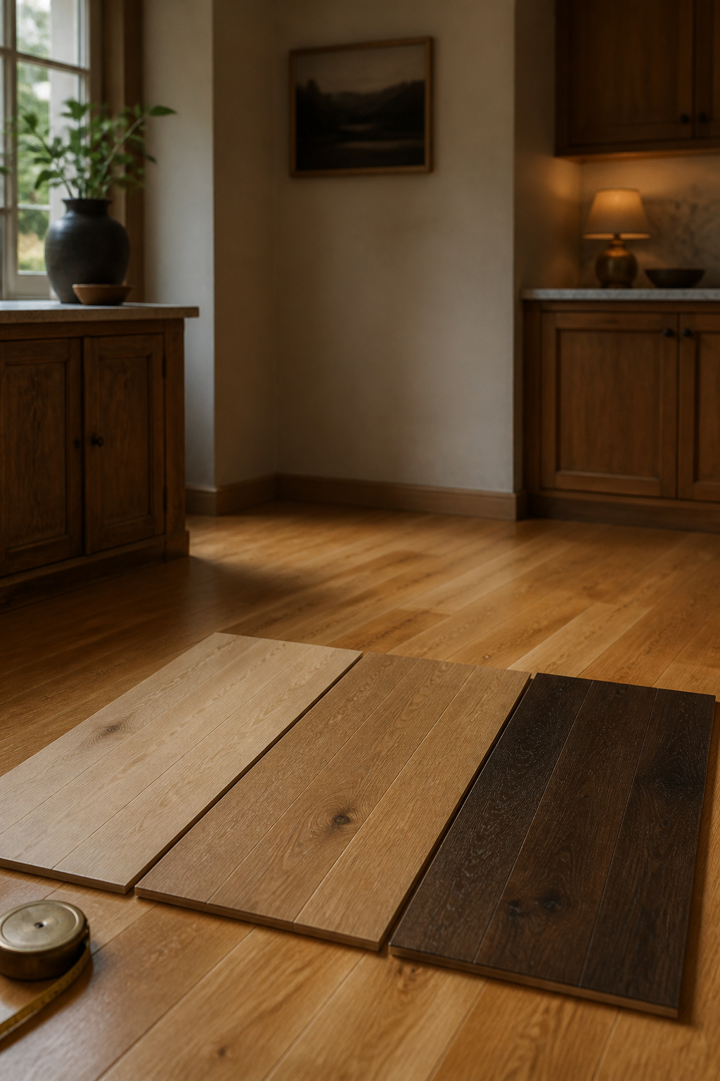 Three wood floor sample boards in light oak, mid-tone oak, and deep walnut laid on an existing kitchen floor