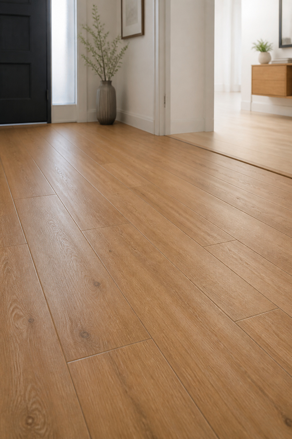 Matte wood-look porcelain plank tile in an entryway with matching mid-tone grout and a flush transition to real hardwood