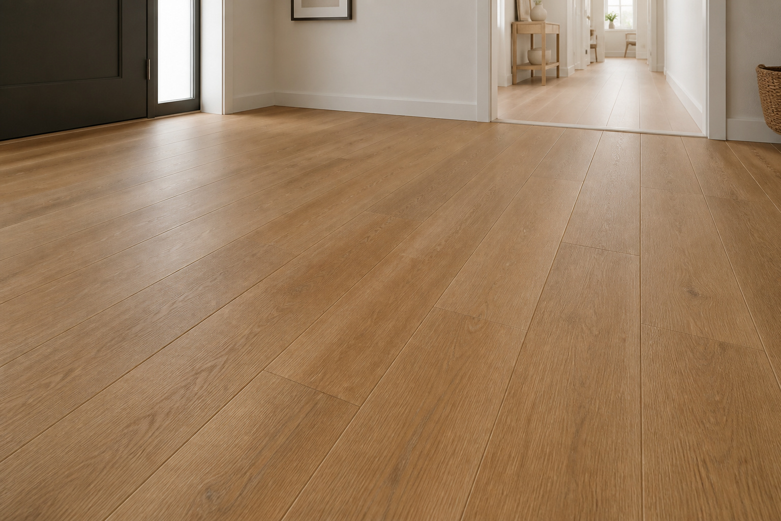 Matte wood-look porcelain plank tile in an entryway with matching mid-tone grout and a flush transition to real hardwood