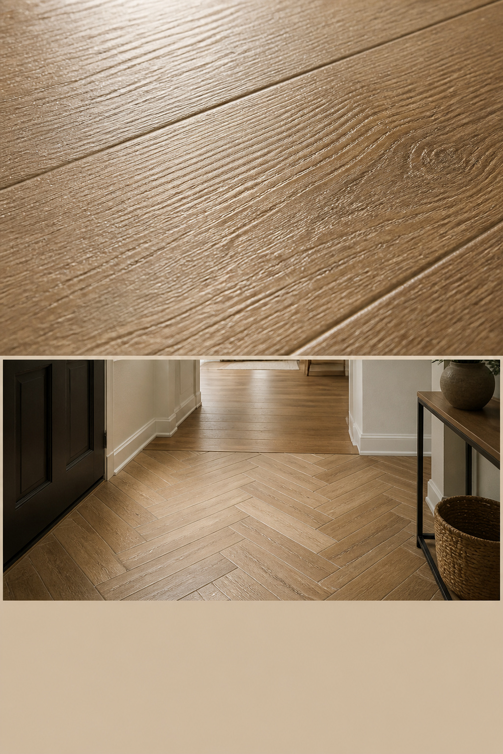 Wood-look porcelain plank tile in an entryway shown in running bond and herringbone patterns with embossed grain texture detail