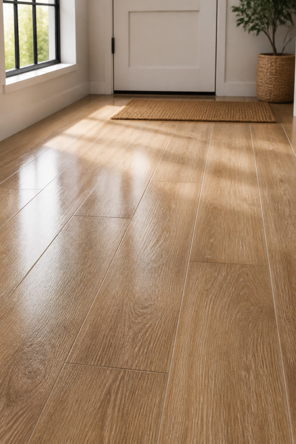 Clean warm oak wood-look porcelain plank tile entryway floor in soft morning light showing the low-maintenance finish