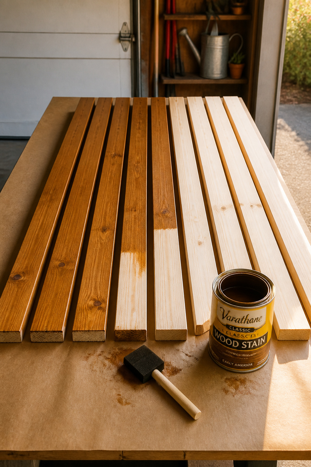 Wood slats being stained on a workbench before installation — pre-finishing produces better results than staining on the wall