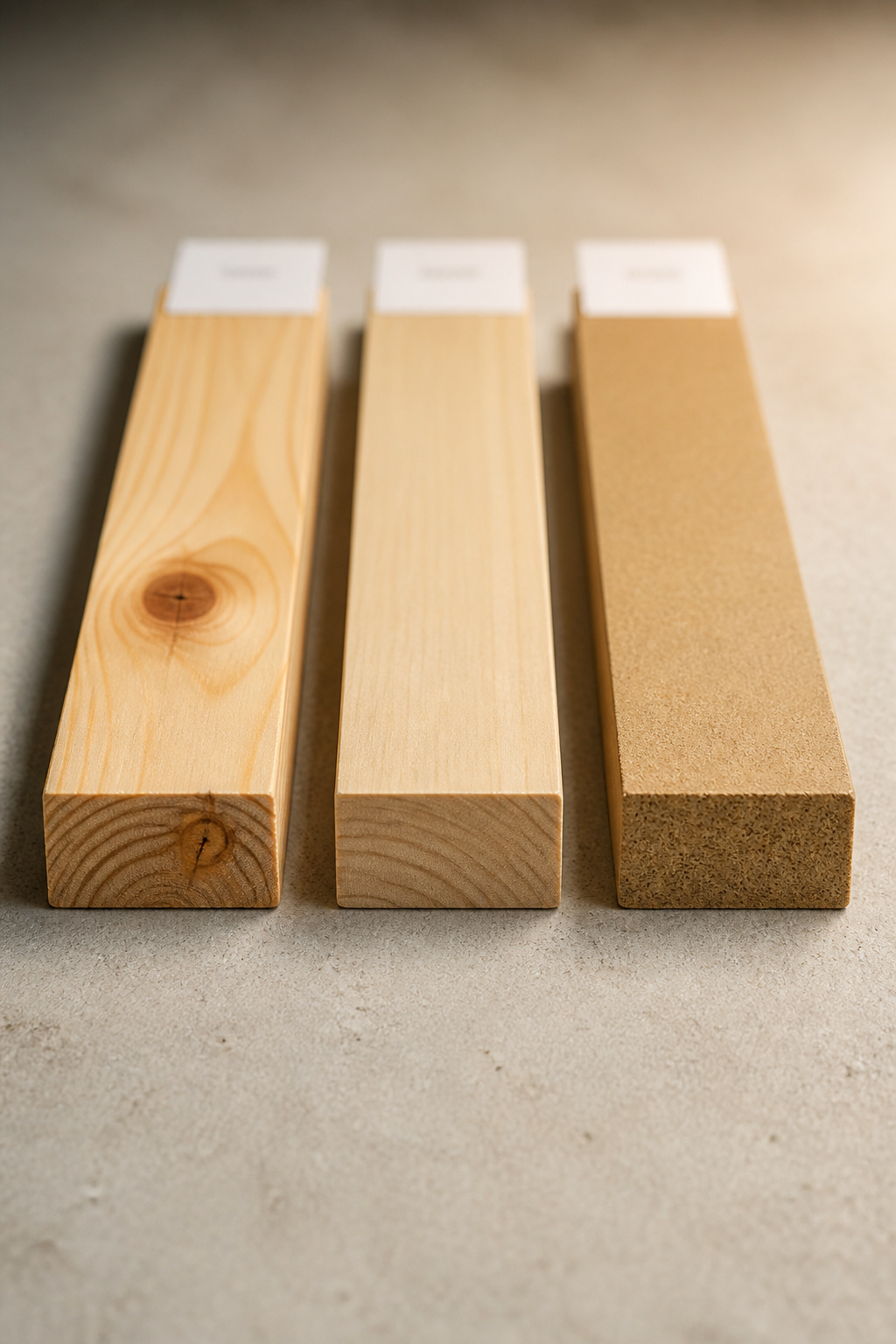 Side-by-side comparison of pine, poplar, and MDF lumber options for a DIY wood slat wall project